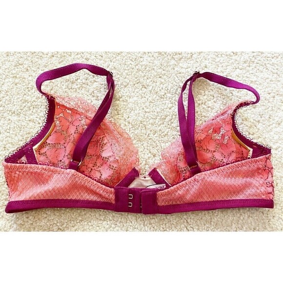 Victorias Secret Pink Push Up Bra 32B Dream Angels Salmon Sheer Lace Underwire - Picture 5 of 7